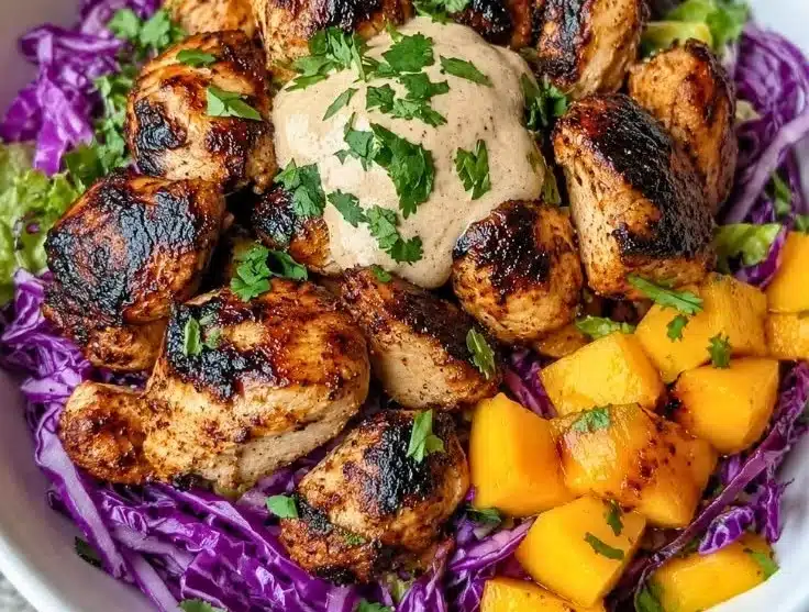 Jerk Chicken & Mango Slaw Bowls with Honey Lime Cream