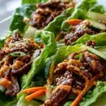 Korean BBQ beef lettuce wraps served with spicy mayo dip on a wooden table