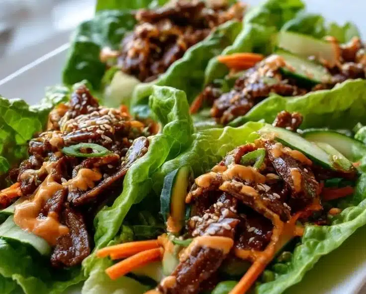 Korean BBQ beef lettuce wraps served with spicy mayo dip on a wooden table