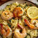 Lemon Garlic Shrimp Orzo topped with fresh herbs