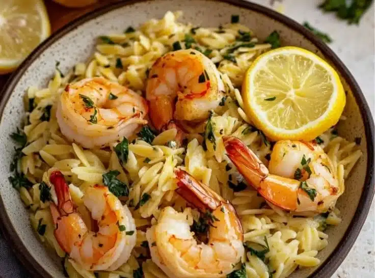Lemon Garlic Shrimp Orzo topped with fresh herbs
