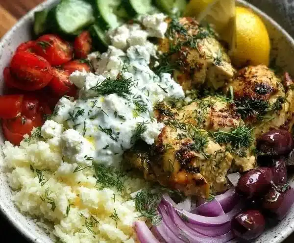 Low Carb High Protein Mediterranean Lemon Dill Chicken Bowl with fresh ingredients