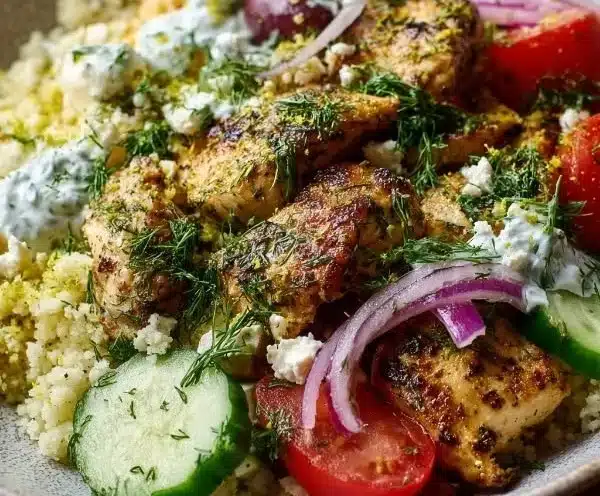 Low Carb High Protein Mediterranean Lemon Dill Chicken Bowl