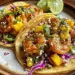 Delicious mango slaw shrimp tacos garnished with fresh ingredients.