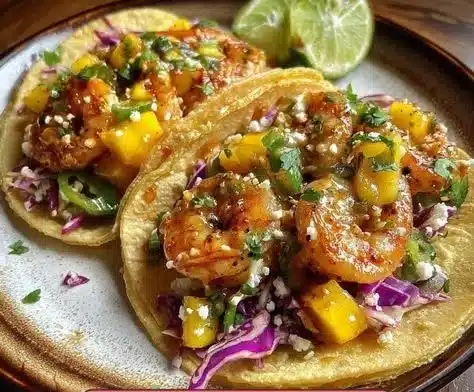Delicious mango slaw shrimp tacos garnished with fresh ingredients.