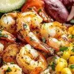 Mediterranean diet shrimp bowl with fresh vegetables and herbs