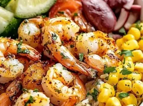 Mediterranean diet shrimp bowl with fresh vegetables and herbs