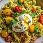 Colorful Mediterranean Fusilli Pasta Salad with fresh vegetables and herbs