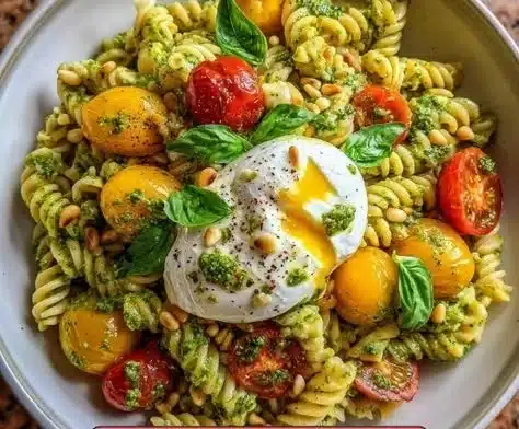 Colorful Mediterranean Fusilli Pasta Salad with fresh vegetables and herbs