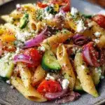 Colorful Mediterranean Pasta Salad with vegetables and herbs served in a bowl