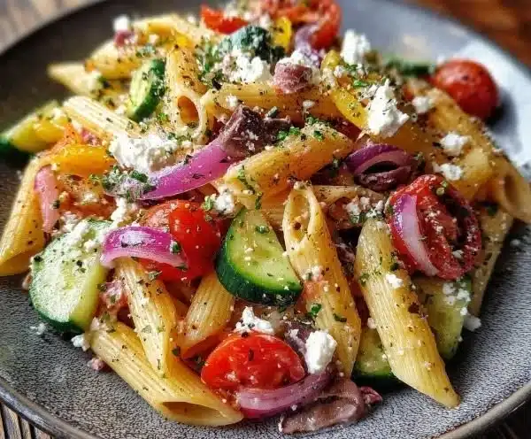 Colorful Mediterranean Pasta Salad with vegetables and herbs served in a bowl