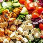 Mediterranean Protein Power Salad featuring chickpeas, veggies, and feta cheese.