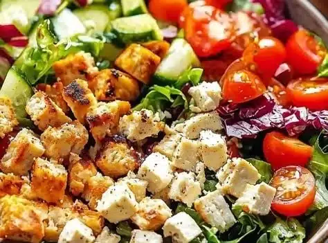 Mediterranean Protein Power Salad featuring chickpeas, veggies, and feta cheese.