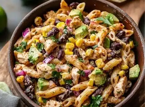 Delicious Mexican Chipotle Chicken Pasta Salad with vibrant ingredients.