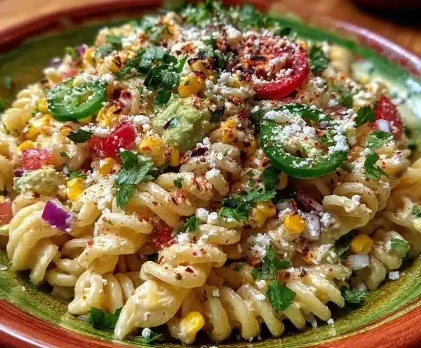 A colorful bowl of Mexican Style Elote Pasta Salad with corn, herbs, and spices.