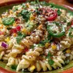 Colorful Mexican Style Elote Pasta Salad with corn, cheese, and cilantro