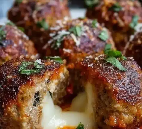 Delicious mozzarella stuffed meatballs served with marinara sauce