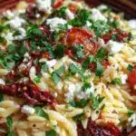 Colorful orzo pasta salad with vegetables and herbs in a bowl