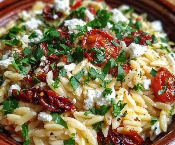 Colorful orzo pasta salad with vegetables and herbs in a bowl