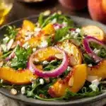 Fresh Peach Arugula Salad with vinaigrette and toppings