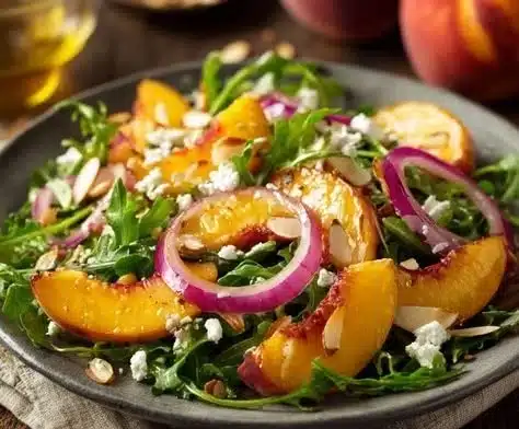 Fresh Peach Arugula Salad with vinaigrette and toppings