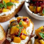 Delicious Peach Bruschetta topped with creamy whipped ricotta on toasted bread