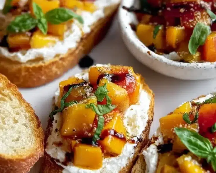 Delicious Peach Bruschetta topped with creamy whipped ricotta on toasted bread