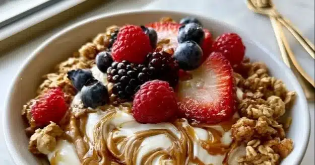 Peanut Butter Greek Yogurt Bowl topped with fresh fruits and nuts
