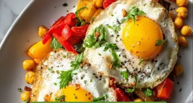 Delicious plant-based fried eggs served on a plate with vegetables