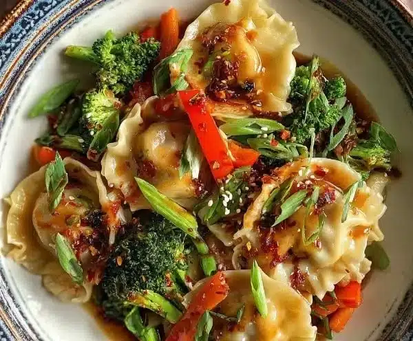 Delicious potsticker stir fry with vegetables and crispy dumplings