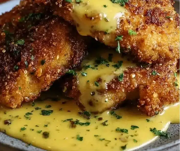 Pretzel Chicken with Mustard Cheddar Sauce
