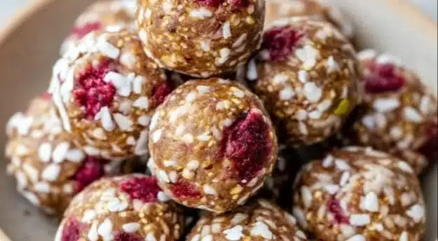A plate of homemade raspberry protein balls, healthy snack option.