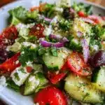 Colorful Mediterranean salad with fresh vegetables and herbs in a bowl