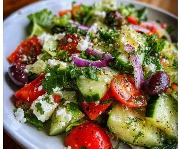 Colorful Mediterranean salad with fresh vegetables and herbs in a bowl