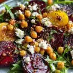 Roasted beet salad with arugula and chickpeas in a colorful bowl