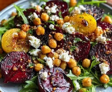 Roasted beet salad with arugula and chickpeas in a colorful bowl