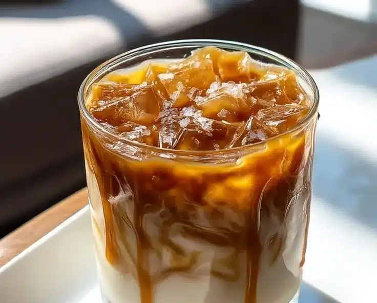 Delicious Salted Caramel White Russian cocktail topped with caramel drizzle
