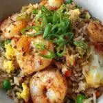 Delicious plate of shrimp fried rice with vegetables and spices