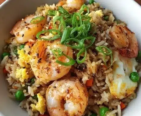 Delicious plate of shrimp fried rice with vegetables and spices