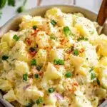 Delicious Southern potato salad in a bowl, garnished with herbs.