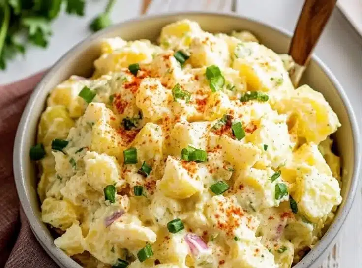 Delicious Southern potato salad in a bowl, garnished with herbs.