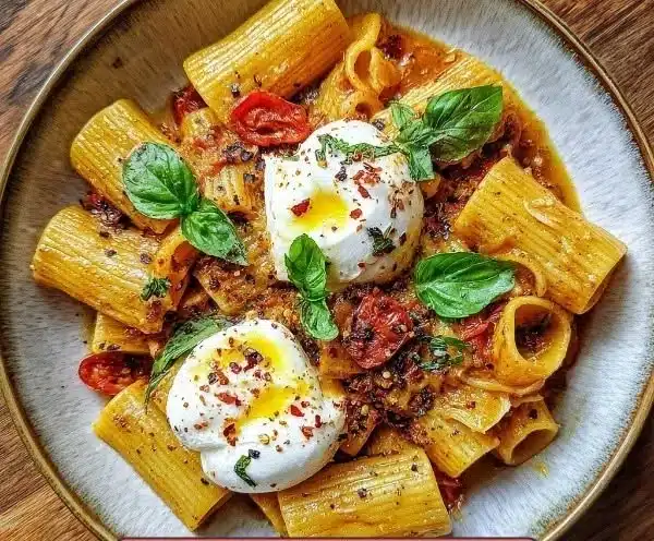 Delicious plate of spicy burrata rigatoni garnished with herbs