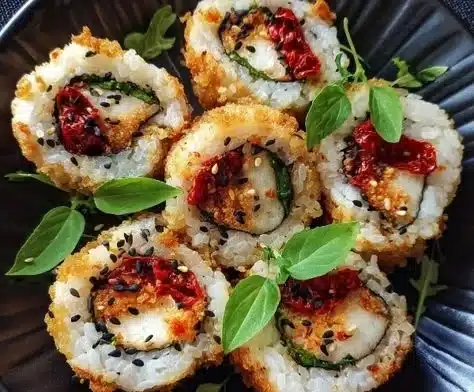 Spicy Crispy Pan-Fried Italian Sushi Rolls presented on a plate
