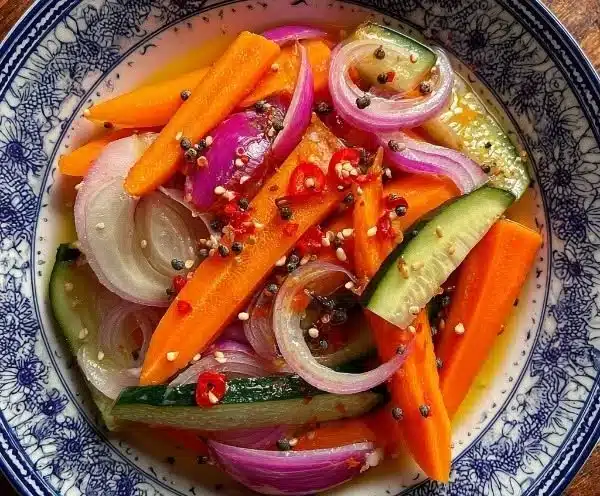 Spicy and crunchy homemade pickled vegetables in a jar