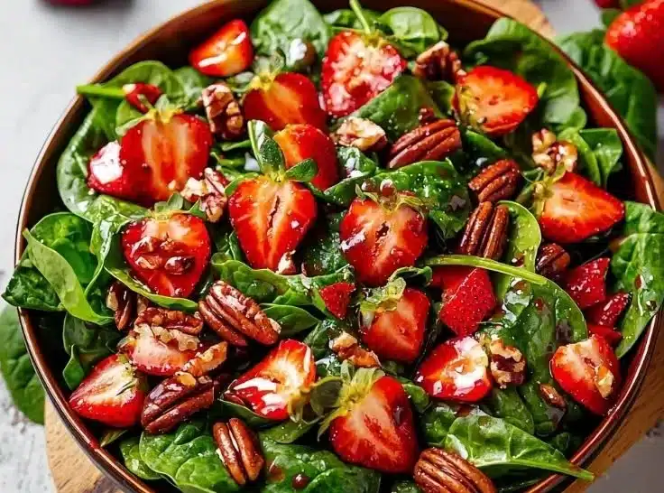 Fresh Spinach Strawberry Salad with nuts and dressing