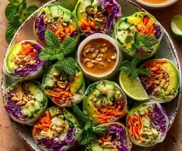 Colorful spring roll salad with fresh vegetables and herbs