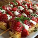 Delicious Strawberry Shortcake Kabobs with fresh strawberries and whipped cream.