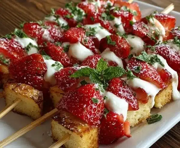 Delicious Strawberry Shortcake Kabobs with fresh strawberries and whipped cream.