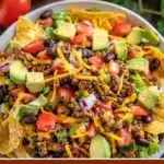 Taco salad with ground beef, lettuce, tomatoes, and cheese in a vibrant bowl