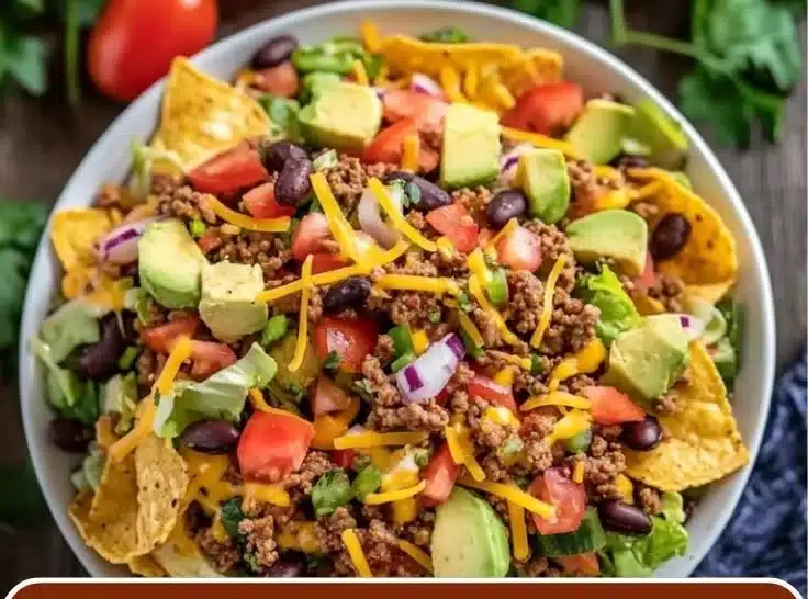 Taco salad with ground beef, lettuce, tomatoes, and cheese in a vibrant bowl
